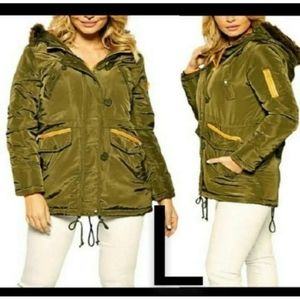 🆕Women's Olive & Orange Faux Fur Trim Anorak Hoodie Cold Weather~Size L